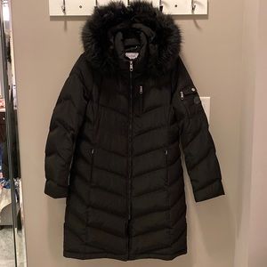 Calvin Klein Hooded Faux Fur Trim Down Puffer Black Winter Coat Medium